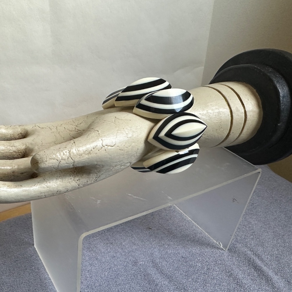 Vintage Large Black and White Stretch Cuff Bracelet, Modern, Art Deco 3D